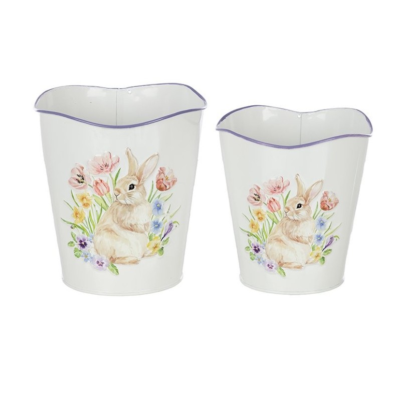 Cache-pot lapin à bord ondulé en fer-blanc  lot de 2 - grossiste en cache-pots de Pâques