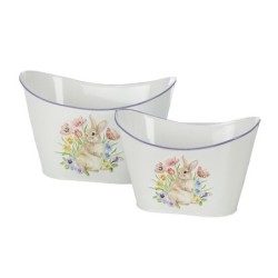 Jardinière ovale lapin en fer-blanc  lot de 2 - grossiste en jardinières de Pâques