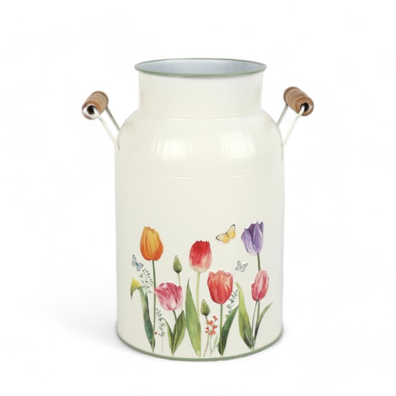 Pot à lait vintage tulipes en tôle crème Ø13 H.20 5 cm - grossiste en contenants pour fleuristes