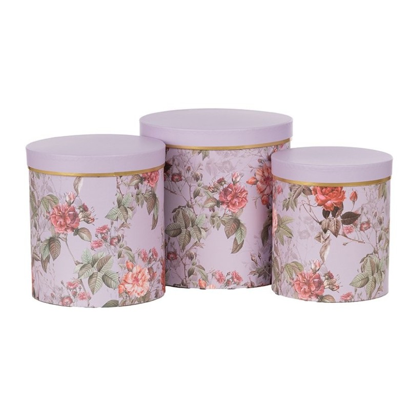 Boîte ronde à fleurs lilas en papier  lot de 3 - grossiste en boîtes à fleurs pour fleuristes