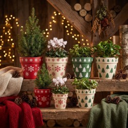 Cache-pots de Noël en terre cuite flocons et sapins garnis, ambiance chalet – grossiste en cache-pots de Noël