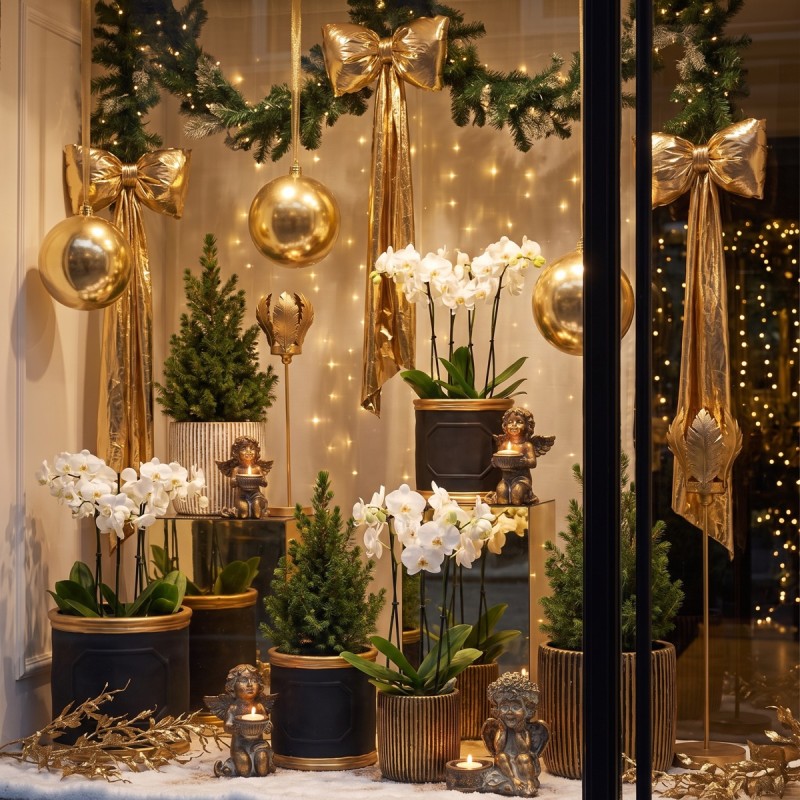 Vitrine de Noël noir et or : cache-pots, anges porte-bougies et nœuds géants – grossiste en déco de Noël