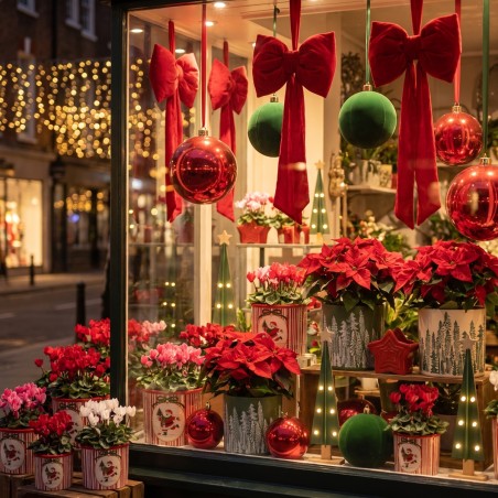 Vitrine de Noël rouge et vert : cache-pots, boules géantes, nœuds et sapins lumineux – déco de Noël en gros