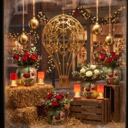 Vitrine de Noël féerique : montgolfière dorée, vases manège et grelots or – grossiste en décoration de vitrine