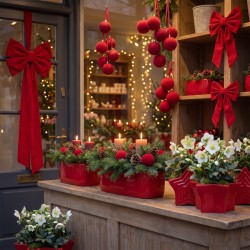Vitrine de Noël en velours rouge : jardinières garnies, boules et grands nœuds – décoration de Noël en gros