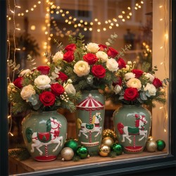 Vases de Noël cheval de manège en céramique verte garnis de fleurs en vitrine – grossiste en vases de Noël
