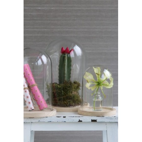 Cloche en verre sur socle bois Ø12 H.16 cm – verrerie déco en gros