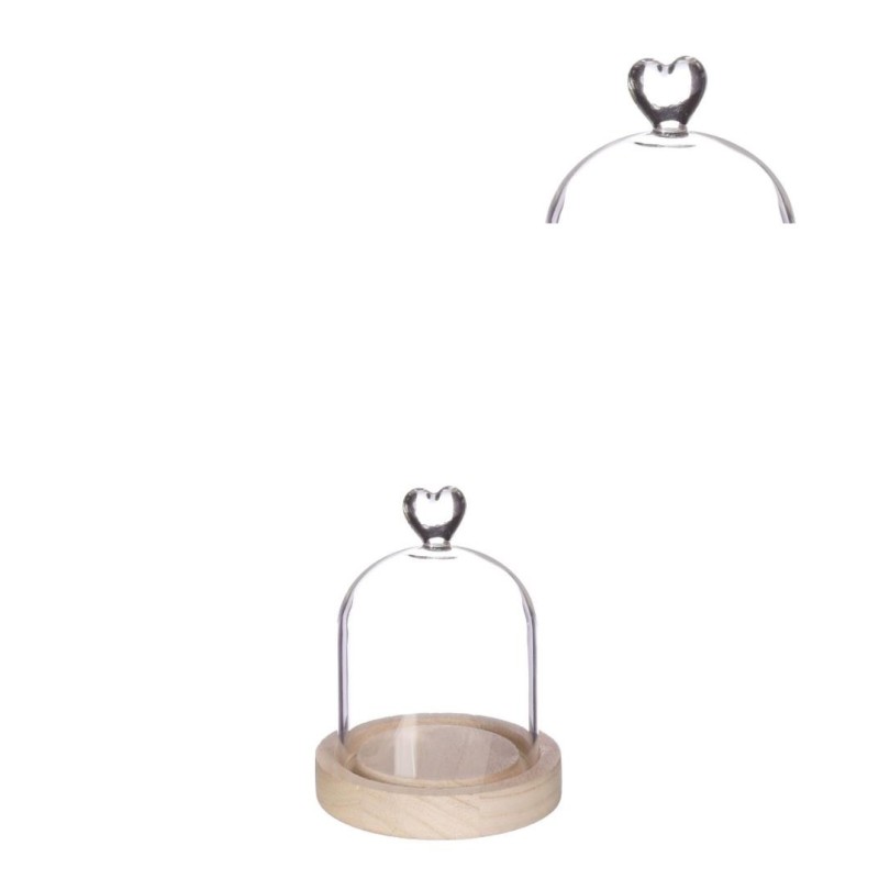 Cloche en verre bouton cœur sur socle bois Ø10 H.13 cm – grossiste en verrerie
