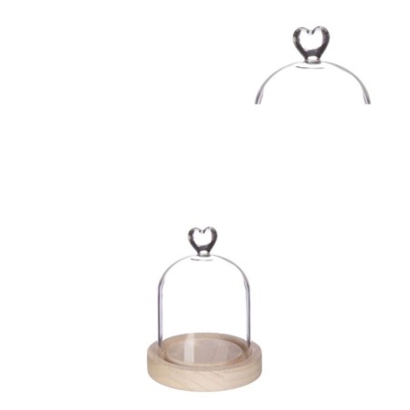 Cloche en verre bouton cœur sur socle bois Ø10 H.13 cm – grossiste en verrerie