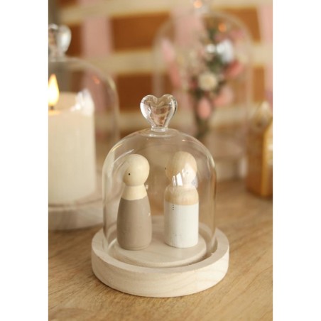 Cloche en verre bouton cœur sur socle bois Ø10 H.13 cm – verrerie pour décoration de mariage, vente en gros aux fleuristes