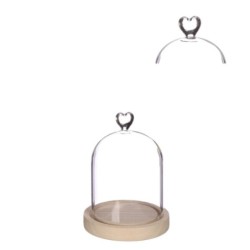 Cloche en verre bouton cœur sur socle bois Ø12 H.16 cm – verrerie en gros