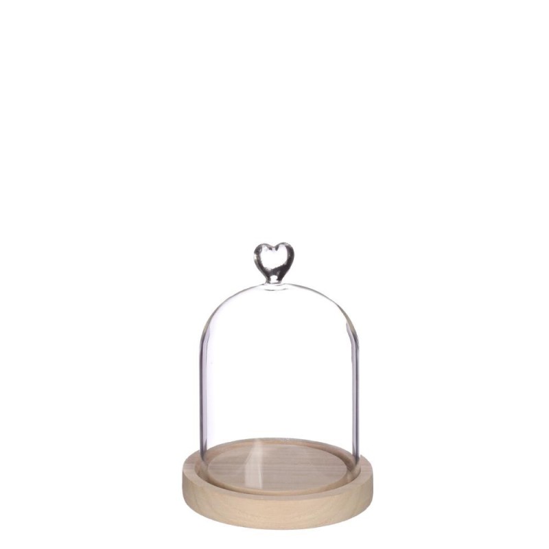 Cloche en verre bouton cœur sur socle bois Ø12 H.16 cm – verrerie pour décoration de mariage, vente en gros aux fleuristes