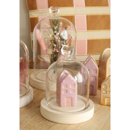 Cloche en verre bouton cœur sur socle bois Ø12 H.16 cm – verrerie décorative pour fleuristes et décorateurs à prix grossiste