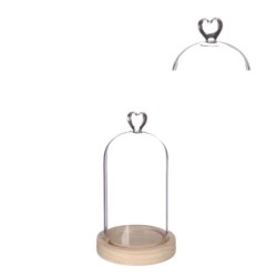 Cloche en verre bouton cœur sur socle bois Ø10 H.18 cm – verrerie pour décoration de mariage, vente en gros aux fleuristes