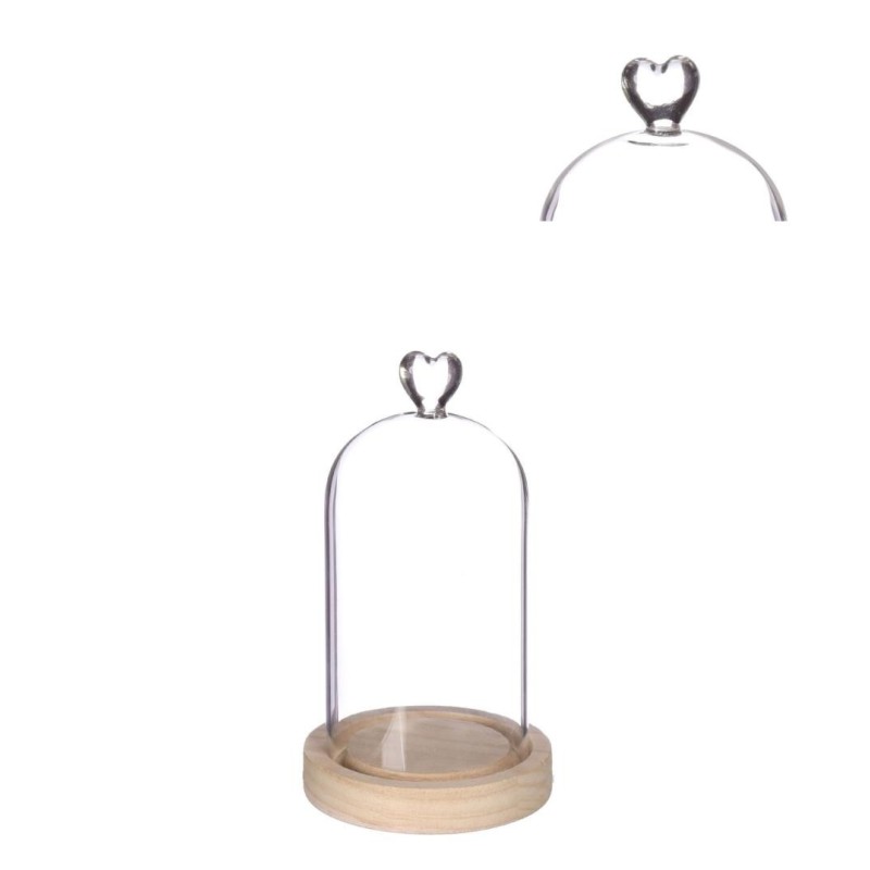 Cloche en verre bouton cœur sur socle bois Ø10 H.18 cm – verrerie pour décoration de mariage, vente en gros aux fleuristes