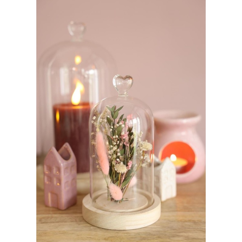 Cloche en verre bouton cœur sur socle bois Ø10 H.18 cm – verrerie décorative pour fleuristes et décorateurs à prix grossiste
