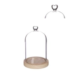 Cloche en verre bouton cœur sur socle bois Ø12 H.18,5 cm – verrerie pour décoration de mariage, vente en gros aux fleuristes