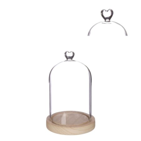 Cloche en verre bouton cœur sur socle bois Ø12 H.18,5 cm – verrerie pour décoration de mariage, vente en gros aux fleuristes
