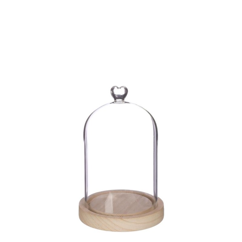 Cloche en verre bouton cœur sur socle bois Ø12 H.18,5 cm – vente en gros verrerie pour fleuristes
