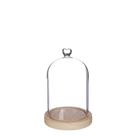 Cloche en verre bouton cœur sur socle bois Ø12 H.18,5 cm – vente en gros verrerie pour fleuristes