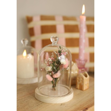 Cloche en verre bouton cœur sur socle bois Ø12 H.18,5 cm – verrerie déco en gros