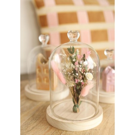 Cloche en verre bouton cœur sur socle bois Ø12 H.18,5 cm – verrerie décorative pour fleuristes et décorateurs à prix grossiste