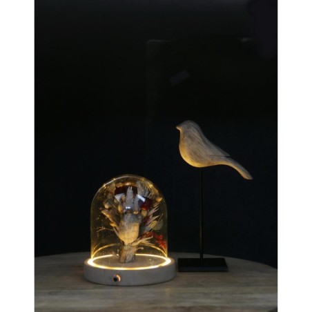 Cloche en verre LED sur socle bois Ø10 H.10,5 cm – vente en gros verrerie pour fleuristes