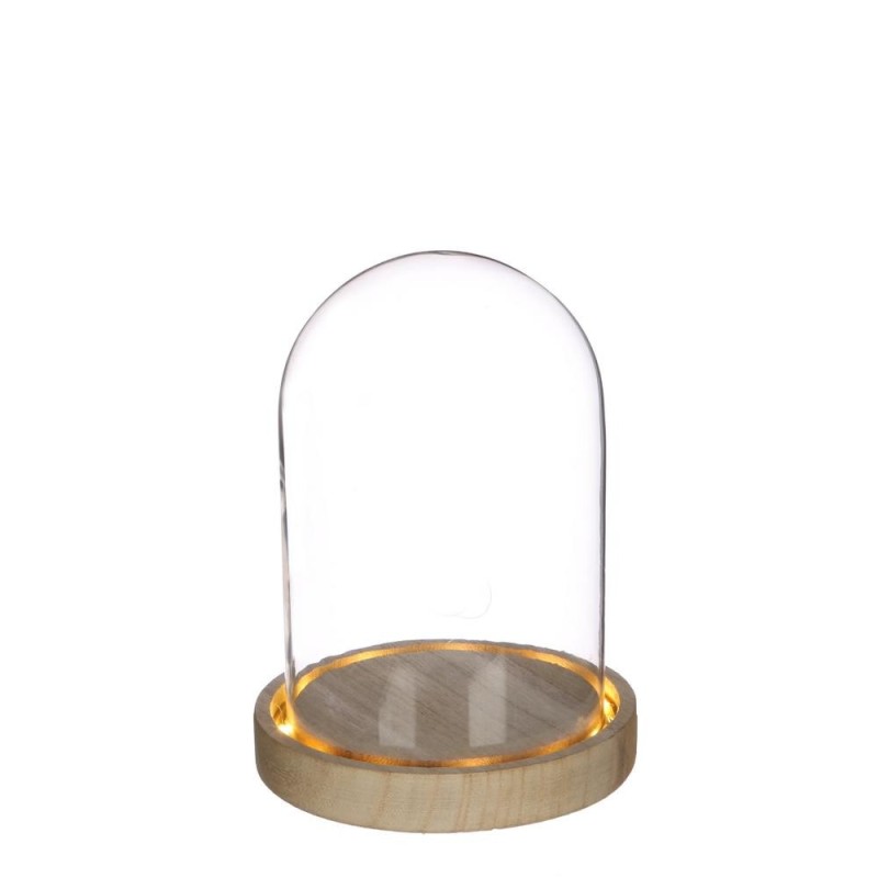 Cloche en verre LED sur socle bois Ø12 H.16,5 cm – verrerie en gros