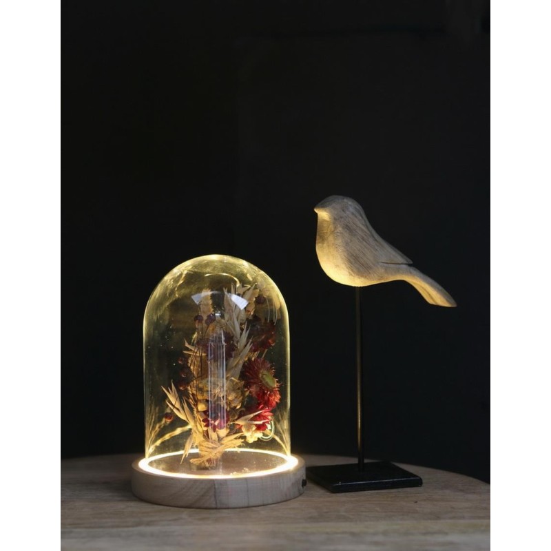 Cloche en verre LED sur socle bois Ø12 H.16,5 cm – verrerie pour décoration de mariage, vente en gros aux fleuristes