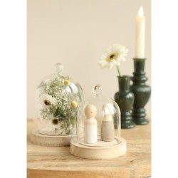 Cloche en verre bouton verre sur socle bois Ø10 H.12 cm – vente en gros verrerie pour fleuristes