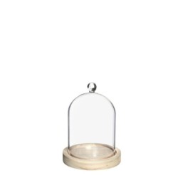 Cloche en verre bouton verre sur socle bois Ø12 H.15 cm – grossiste en verrerie