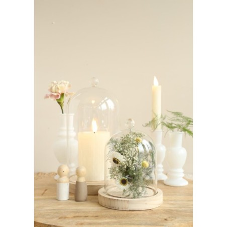 Cloche en verre bouton verre sur socle bois Ø12 H.15 cm – verrerie en gros