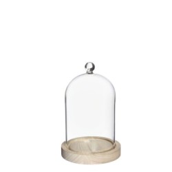 Cloche en verre bouton verre sur socle bois Ø12 H.19 cm – verrerie en gros