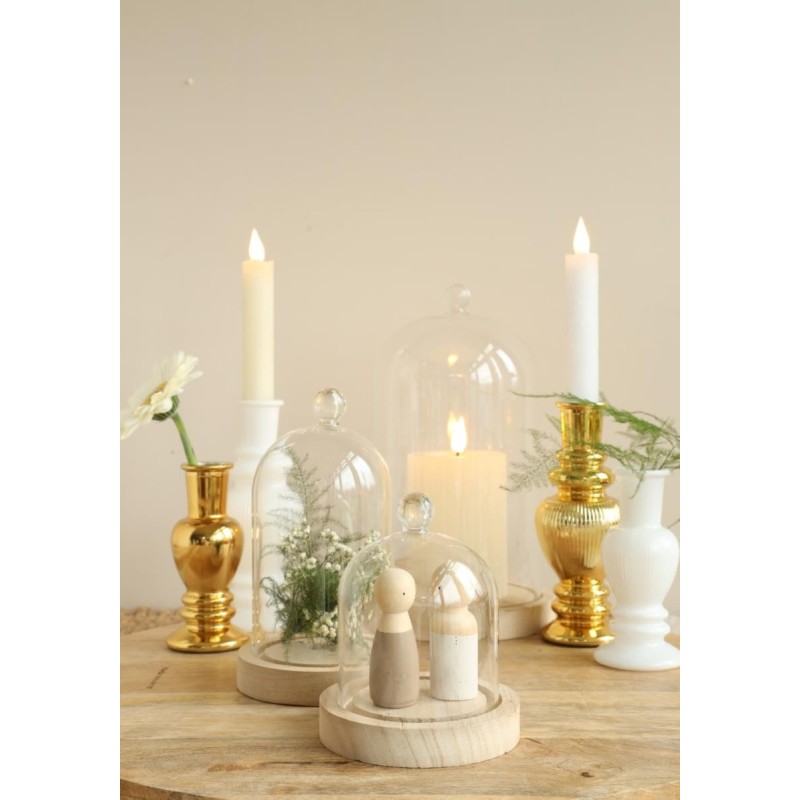Cloche en verre bouton verre sur socle bois Ø12 H.19 cm – verrerie décorative pour fleuristes et décorateurs à prix grossiste