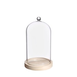 Cloche en verre bouton verre sur socle bois Ø14 H.24 cm – verrerie pour décoration de mariage, vente en gros aux fleuristes
