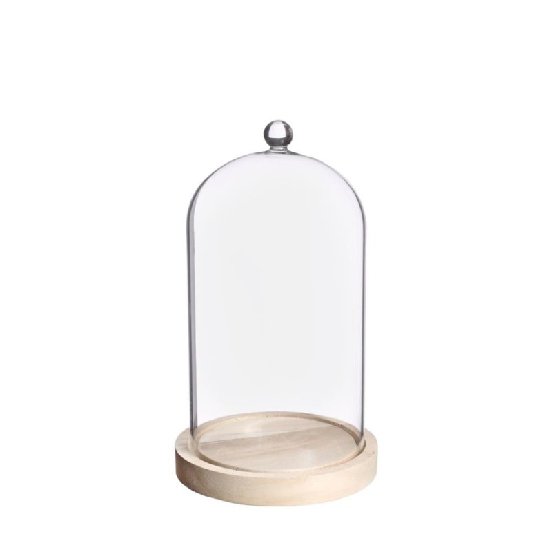 Cloche en verre bouton verre sur socle bois Ø14 H.24 cm – verrerie pour décoration de mariage, vente en gros aux fleuristes