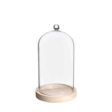 Cloche en verre bouton verre sur socle bois Ø14 H.24 cm – verrerie pour décoration de mariage, vente en gros aux fleuristes