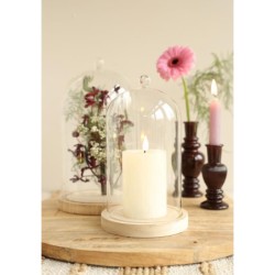 Cloche en verre bouton verre sur socle bois Ø14 H.24 cm – verrerie décorative pour fleuristes et décorateurs à prix grossiste