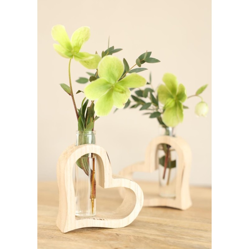 Cœur en bois avec tube en verre L.5 x l.10 H.11 cm – verrerie pour décoration de mariage, vente en gros aux fleuristes