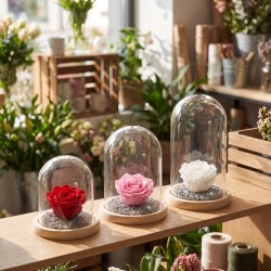 Cloches en verre sur socle bois en 3 tailles avec roses éternelles en boutique – grossiste en cloches en verre