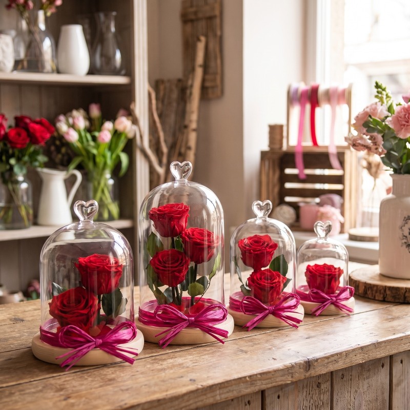 Cloches en verre bouton cœur avec roses éternelles rouges pour la Saint-Valentin – grossiste en cloches cœur