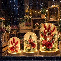 Cloches en verre LED allumées avec lagurus rouge en vitrine de Noël – grossiste en cloches lumineuses