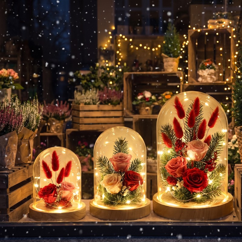 Cloches en verre LED allumées avec lagurus rouge en vitrine de Noël – grossiste en cloches lumineuses