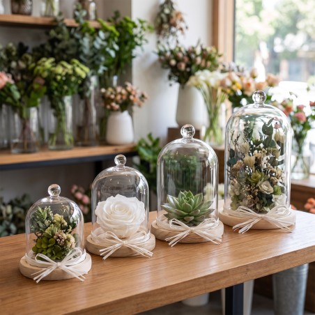 Cloches en verre à bouton en verre sur socle bois en 4 tailles garnies – grossiste en cloches en verre