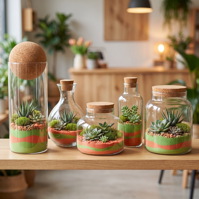 Terrariums et bocaux en verre garnis de gravier coloré et plantes grasses – grossiste en terrariums