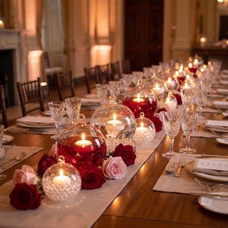 Centre de table avec boules en verre, bougies flottantes et perles de pluie – grossiste en décoration de table