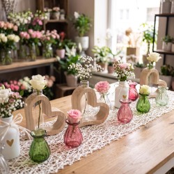 Soliflores en verre et cœurs en bois garnis de fleurs sur table de mariage – grossiste en soliflores