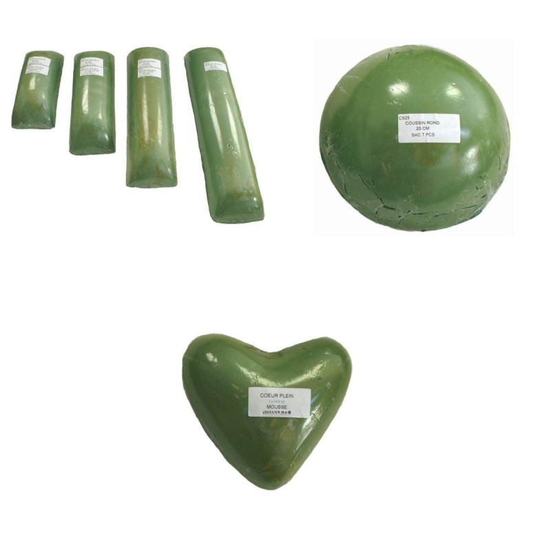 Bûches, coussins et cœurs en mousse lestée pour compositions de deuil – grossiste en mousse florale deuil