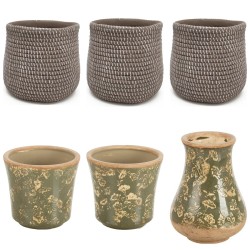 Cache-pots effet corde marron et céramique vert foncé garnis de chrysanthèmes – grossiste en cache-pots de Toussaint