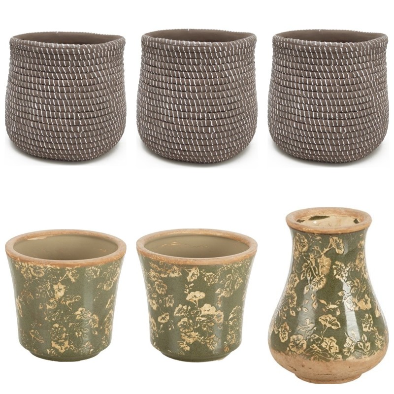 Cache-pots effet corde marron et céramique vert foncé garnis de chrysanthèmes – grossiste en cache-pots de Toussaint